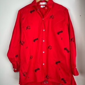 Vintage Casey Coleman Red Musical Note  AOP Embroidered Button-Up Blouse Medium